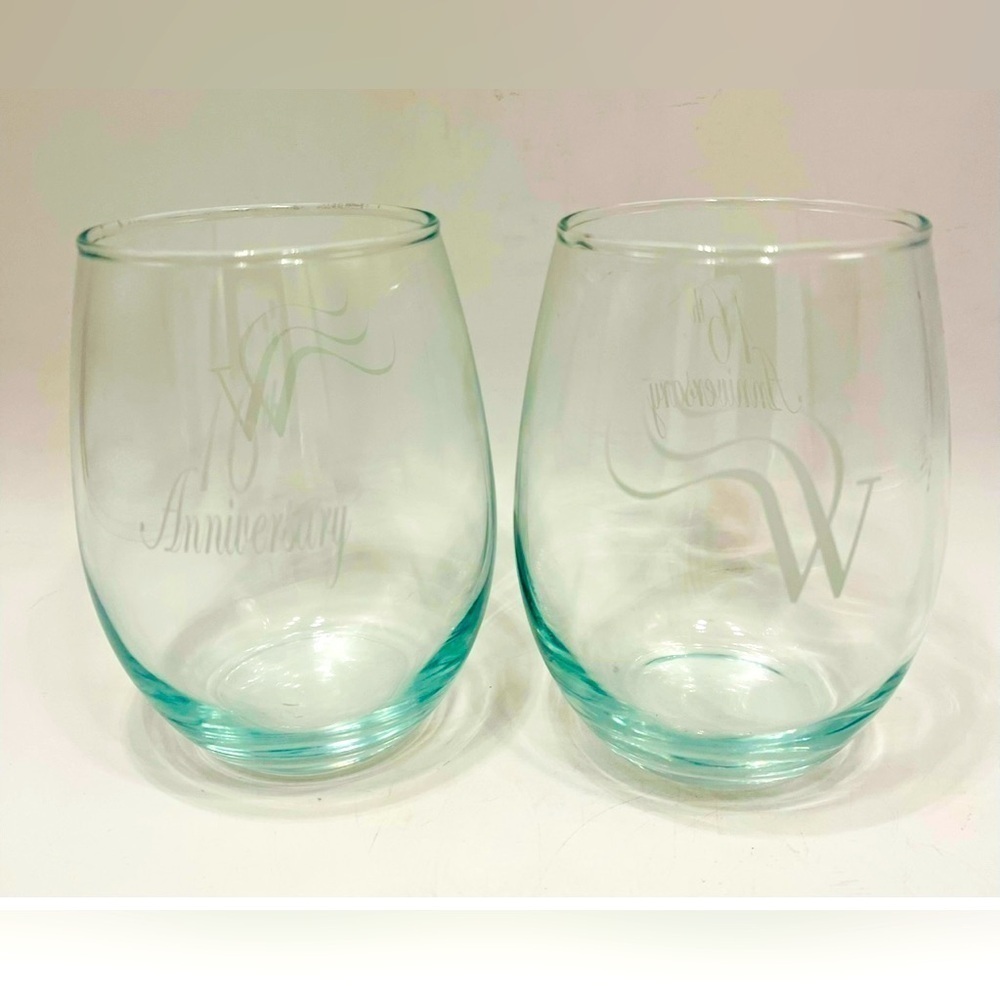 Set of 2 Stemless Wine Glasses 16th Anniversary Monogrammed W